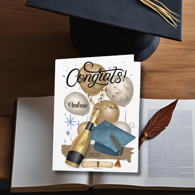 Graduation Confetti Blue Cap Note Card (Creator Uploaded)