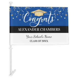 Graduation Confetti Blue Gold Elegant Car Flag