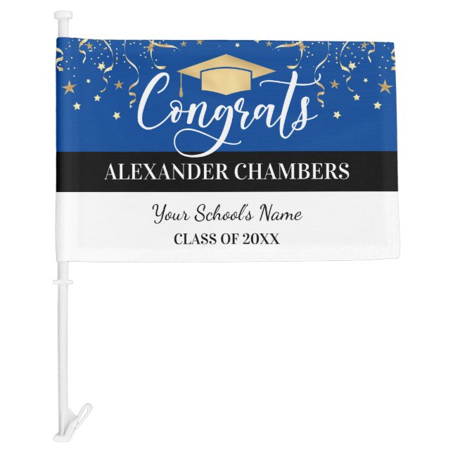 Graduation Confetti Blue Gold Elegant Car Flag (Front)