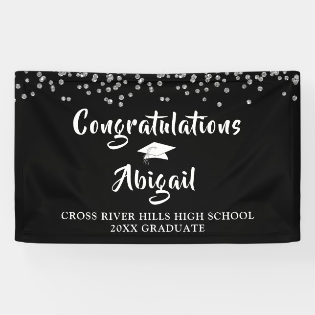 Graduation Confetti Brush Script Black and Silver Banner (Horizontal)