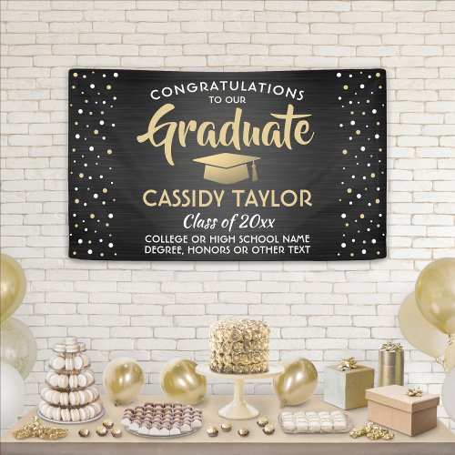 Graduation Confetti Brushed Black Gold and White Banner