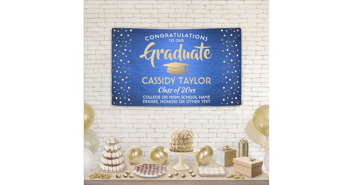 Graduation Confetti Brushed Blue Gold and White Banner | Zazzle