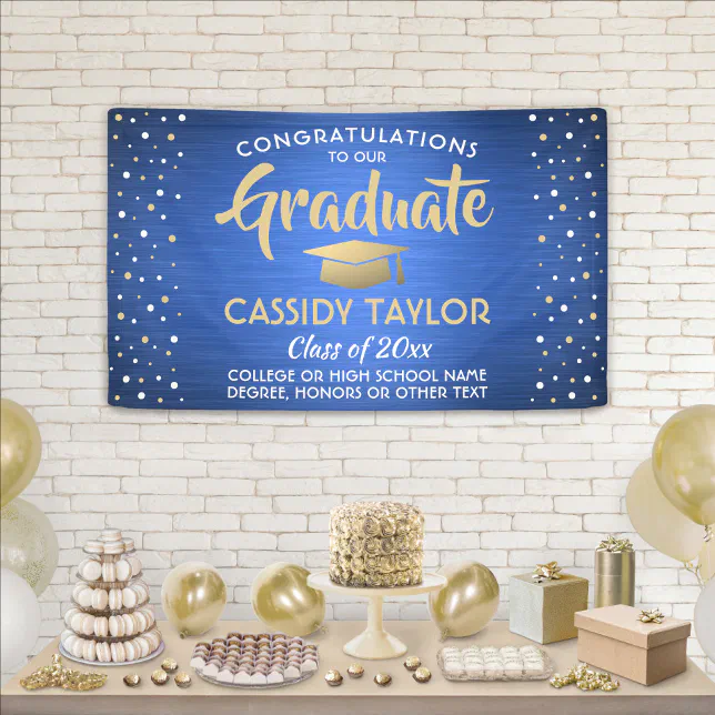 Graduation Confetti Brushed Blue Gold and White Banner | Zazzle