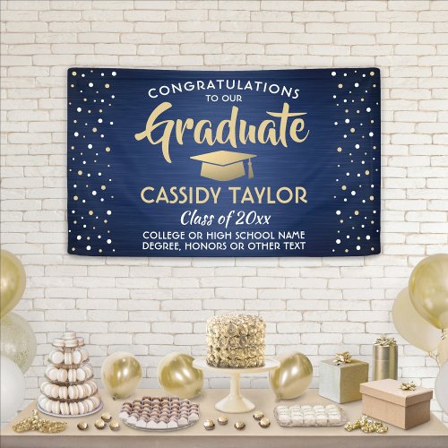 Graduation Confetti Brushed Navy Blue Gold  White Banner