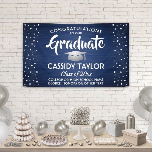 Graduation Confetti Brushed Navy Blue White Silver Banner
