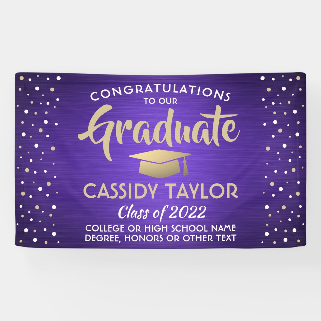 Graduation Confetti Brushed Purple Gold and White Banner | Zazzle