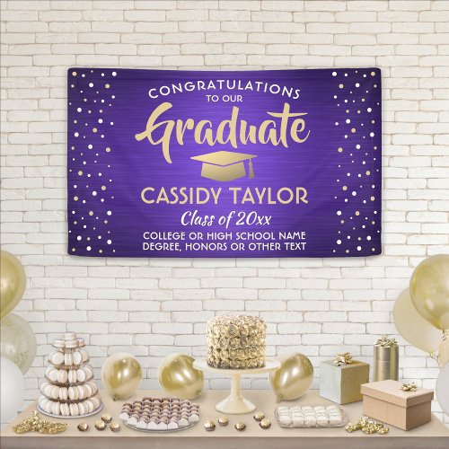 Graduation Confetti Brushed Purple Gold and White Banner