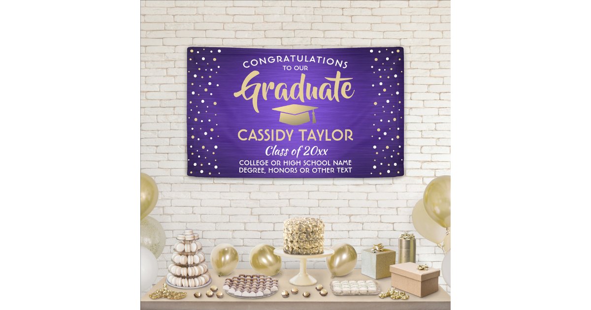 Graduation Confetti Brushed Purple Gold and White Banner | Zazzle