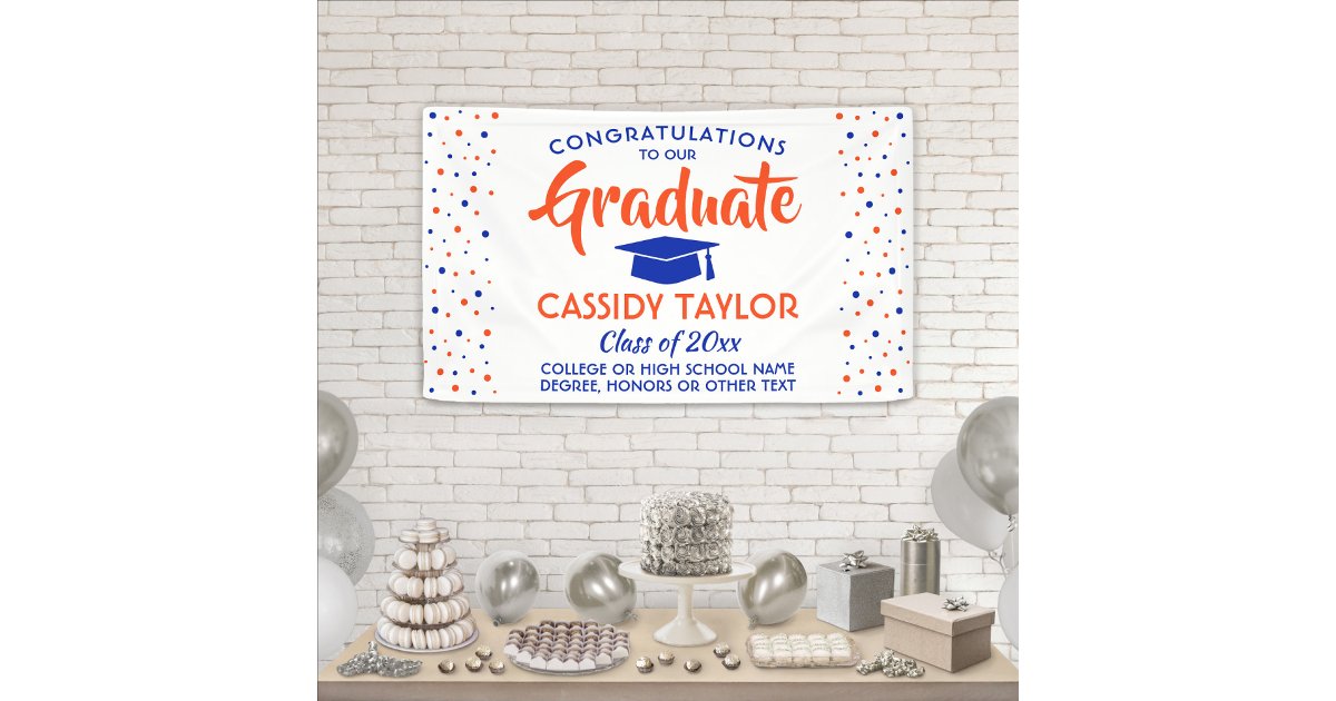 Graduation Confetti Modern Orange Blue and White Banner | Zazzle