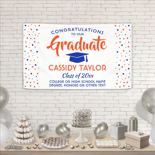 Graduation Confetti Modern Orange Blue and White Banner | Zazzle