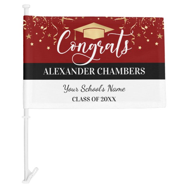 Graduation Confetti Red Gold Elegant Car Flag (Front)