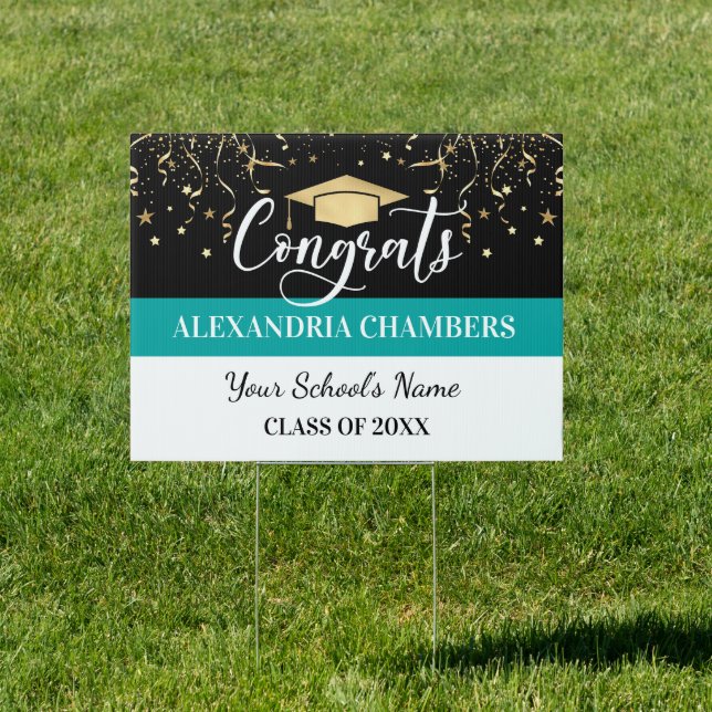 Graduation Confetti Teal Gold Yard Sign (Insitu)