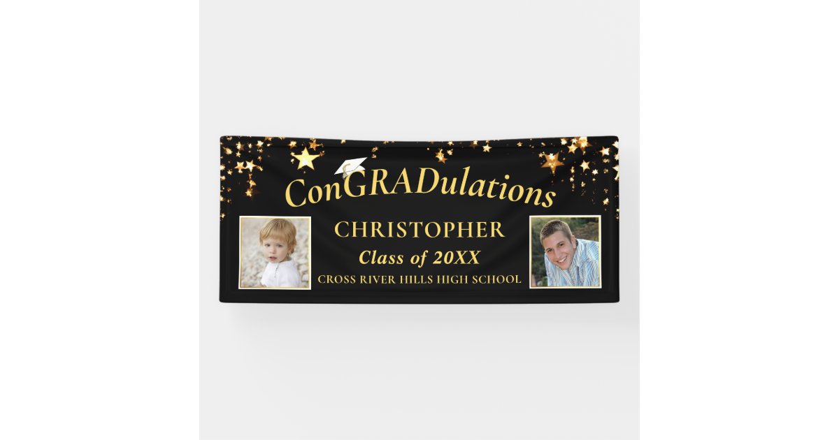 Graduation ConGRADulations Photo Black Gold Stars Banner | Zazzle