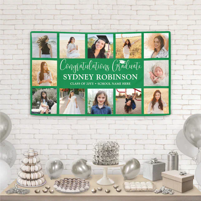 Graduation Congrats 12 Photo Collage Green & White Banner | Zazzle