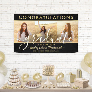 Graduation Congrats 3 Photo Collage Black and Gold Banner