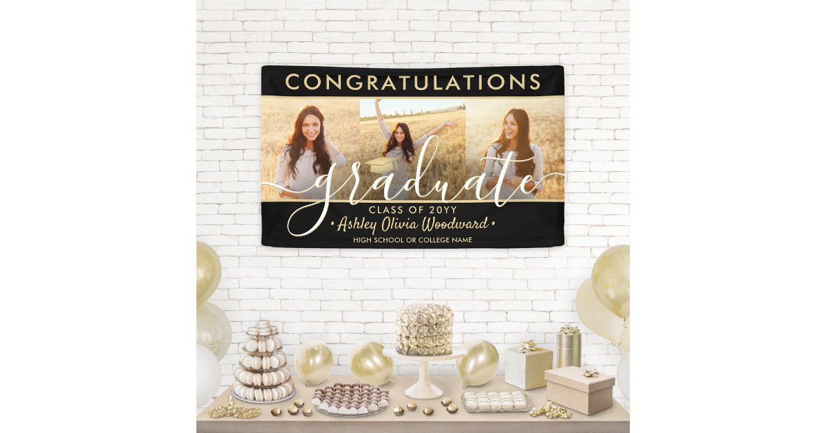 Graduation Congrats 3 Photo Collage Black and Gold Banner | Zazzle