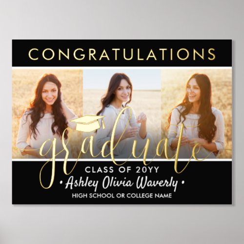 Graduation Congrats 3 Photo Collage Black and Gold Foil Prints