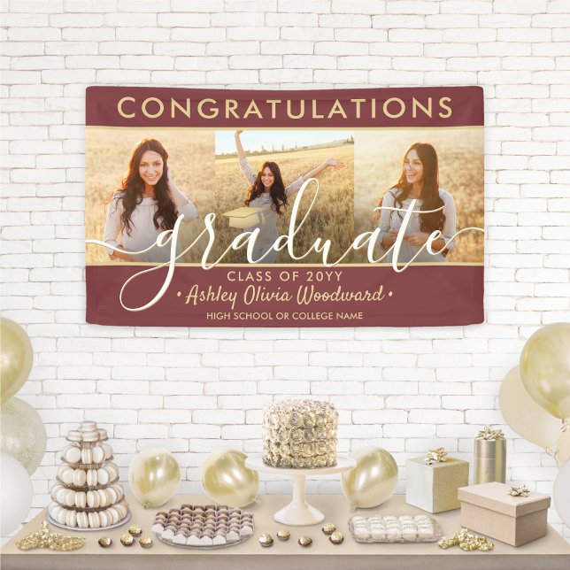 Graduation Congrats 3 Photo Collage Burgundy Gold Banner (Creator Uploaded)