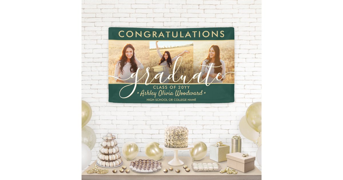 Graduation Congrats 3 Photo Collage Green and Gold Banner | Zazzle