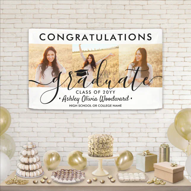 Graduation Congrats 3 Photo Collage Modern Script Banner | Zazzle