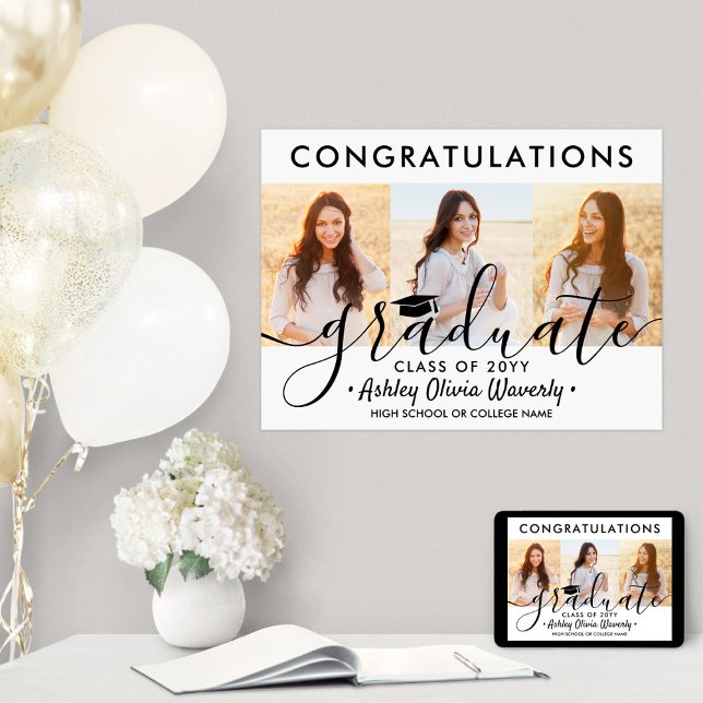 Graduation Congrats 3 Photo Collage Modern Script Poster (Creator Uploaded)