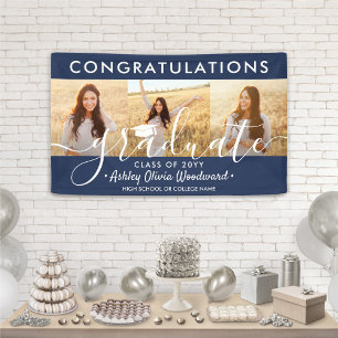 Graduation Congrats 3 Photo Collage Navy Blue Banner