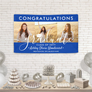 Graduation Congrats 3 Photo Collage Royal Blue Banner