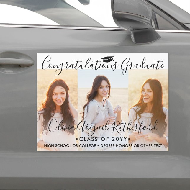 Graduation Congrats 3 Photo Elegant Script Parade Car Magnet (Creator Uploaded)
