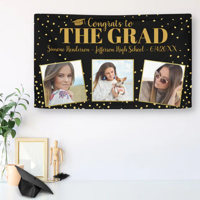 Graduation Congrats 3 Photos Gold Glitter Confetti Banner | Zazzle