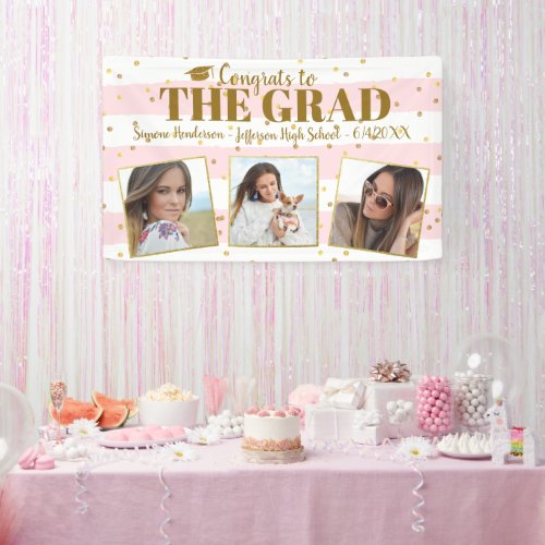 Graduation Congrats 3 Photos Gold Glitter Stripes Banner