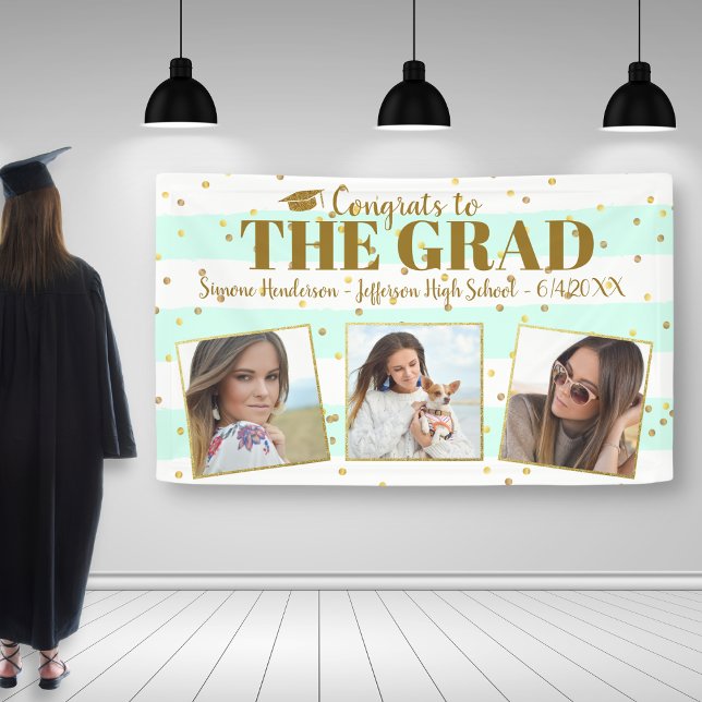 Graduation Congrats 3 Photos Gold Glitter Stripes Banner (Creator Uploaded)