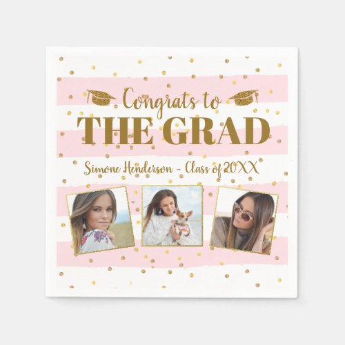 Graduation Congrats 3 Photos Gold Glitter Stripes Napkins