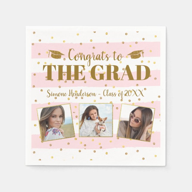 Graduation Congrats 3 Photos Gold Glitter Stripes Napkins (Front)