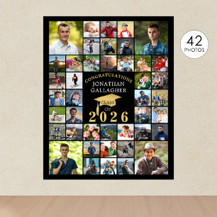 Graduation Congrats 42 Photo Collage Black Gold Poster