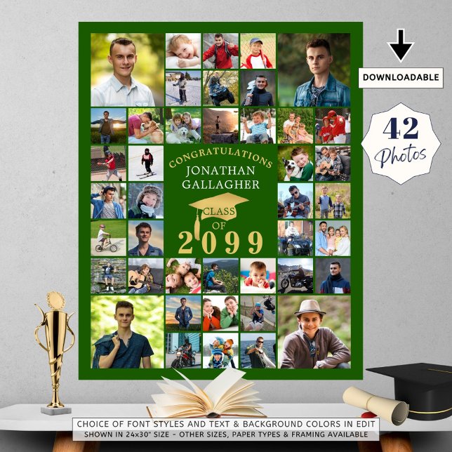 Graduation Congrats 42 Photo Collage Green Gold Poster (Creator Uploaded)