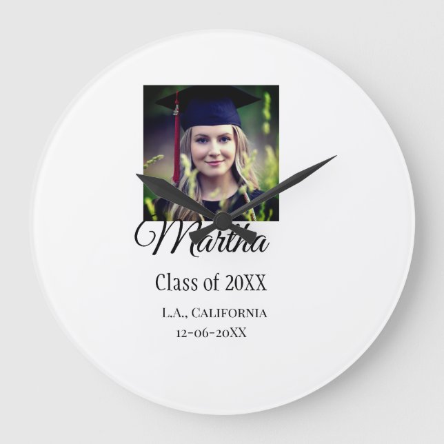 Graduation congrats add name photo city date class large clock (Front)