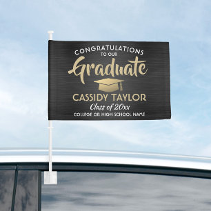 Graduation Congrats Black Gold and White Parade Car Flag