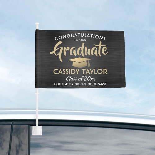 Graduation Congrats Black Gold and White Parade Car Flag