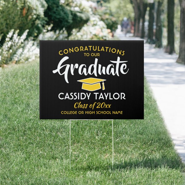 Graduation Congrats Black Gold Yellow White Yard Sign (Creator Uploaded)