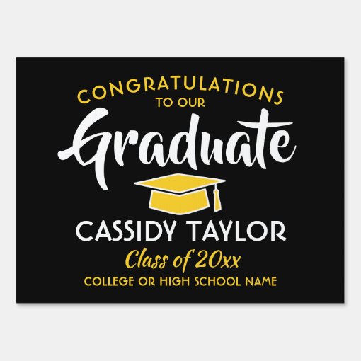 Graduation Congrats Black Gold Yellow White Yard Sign | Zazzle