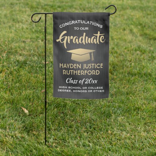 Graduation Congrats Brushed Black Gold and White Garden Flag