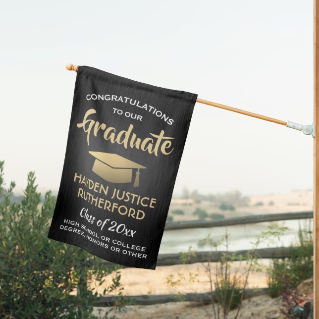 Graduation Congrats Brushed Black Gold and White House Flag (Insitu (Back))