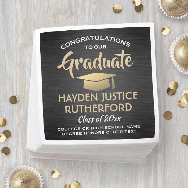 Graduation Congrats Brushed Black Gold and White Napkins (Creator Uploaded)