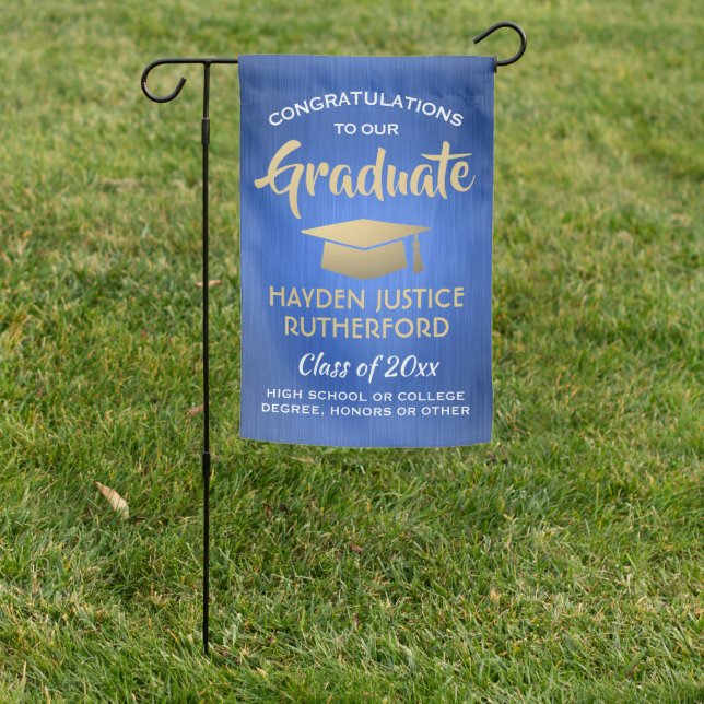 Graduation Congrats Brushed Blue Gold and White Garden Flag (In SItu)