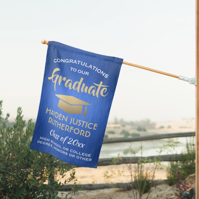 Graduation Congrats Brushed Blue Gold and White House Flag (Insitu (Back))