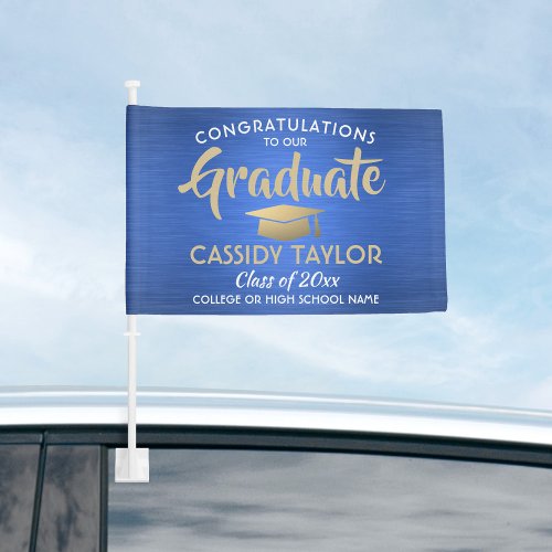 Graduation Congrats Brushed Blue Gold White Parade Car Flag