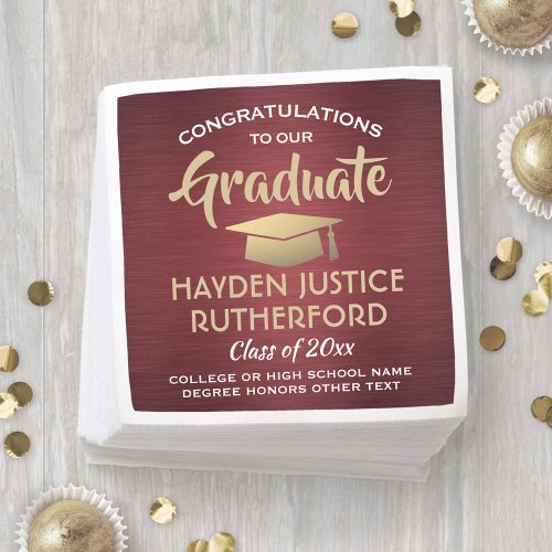 Graduation Congrats Brushed Burgundy Gold  White Napkins