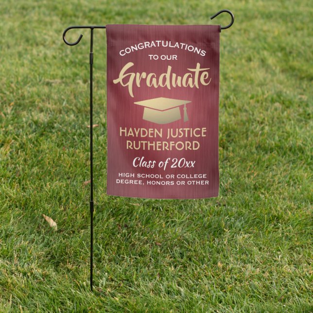 Graduation Congrats Brushed Burgundy Red and White Garden Flag (In SItu)