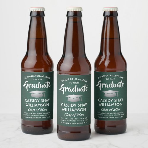 Graduation Congrats Brushed Dark Green and White Beer Bottle Label