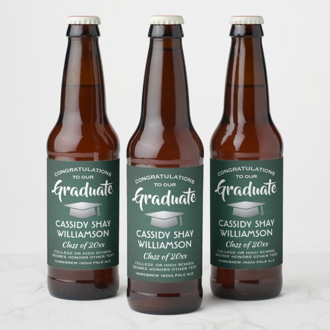 Graduation Congrats Brushed Dark Green and White Beer Bottle Label (Bottles)